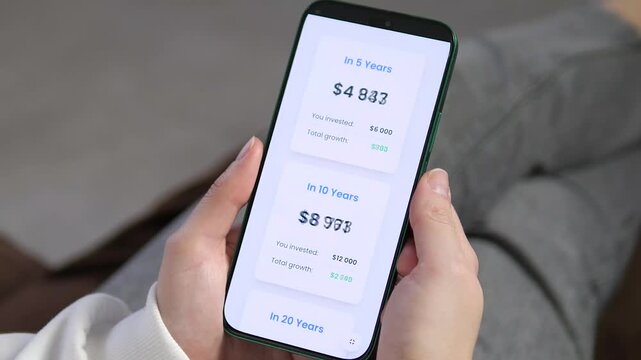 a user exploring an investment calculator on a mobile phone. The video shows the seamless transition from a simple question about monthly contributions to a comprehensive breakdown of investment