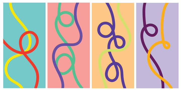 Colorful Squiggle Loop Line Art Panels | Playful Multicolor Wavy Ribbon Background | Modern Fun Doodle Texture Vector Illustration. 
