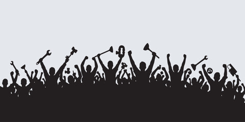 Naklejka premium Silhouette of a cheering crowd holding up tools and wrenches, celebrating a victory or achievement.