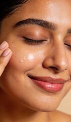 Obraz premium Woman applying skincare product with happy expression on face
