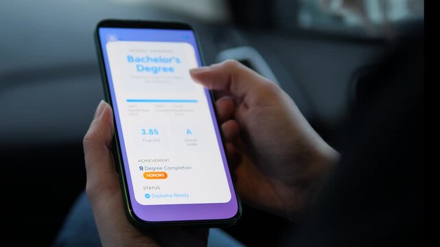 Close-up of a mobile app interface for education. User tracking academic progress and graduation status. Sleek conceptual shot for future of education, digital credentials, and student motivation. 