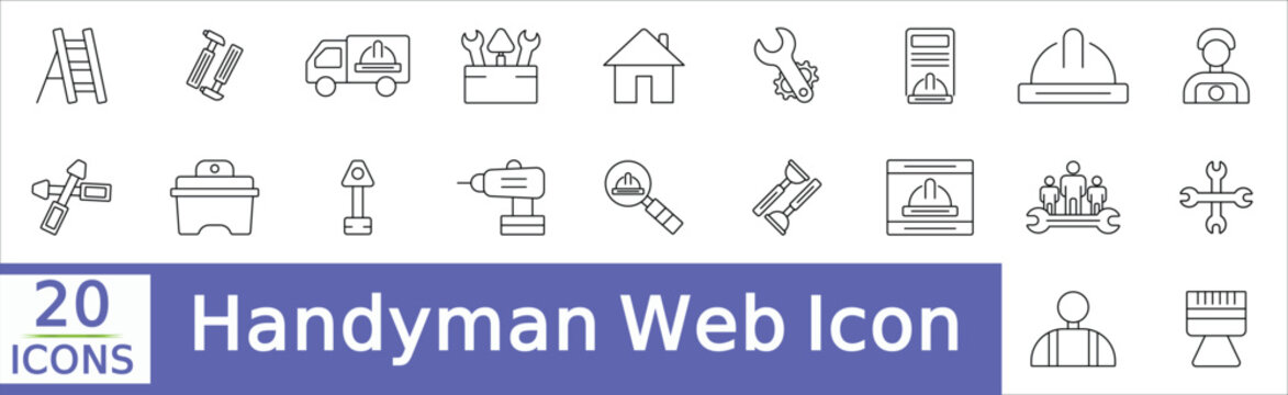  Handyman Web Icons Set in Line or outline Style related to Handyman. Icons For Web and Mobile App.