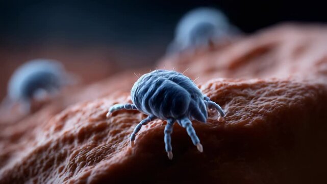 Microscopic dust mites crawling across textured surface resembling human skin, revealing potential health risks and allergic reactions associated with microscopic household pests