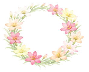 Colorful Rain Lily Full Wreath Watercolor Illustration, Zephyranthes Floral Circle, Soft Pastel Botanical