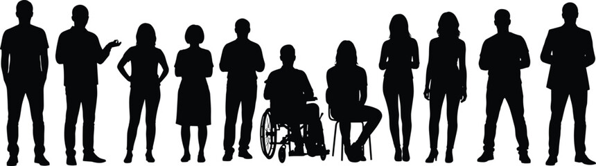 Fototapeta premium Group of diverse people including a person in a wheelchair and a person sitting silhouette