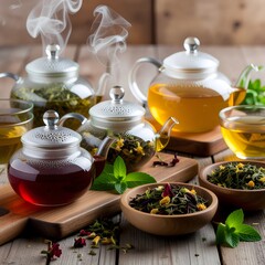 Fototapeta premium Medicinal teas and herbs in artisanal infusions with dried leaves and natural preparation in 8K