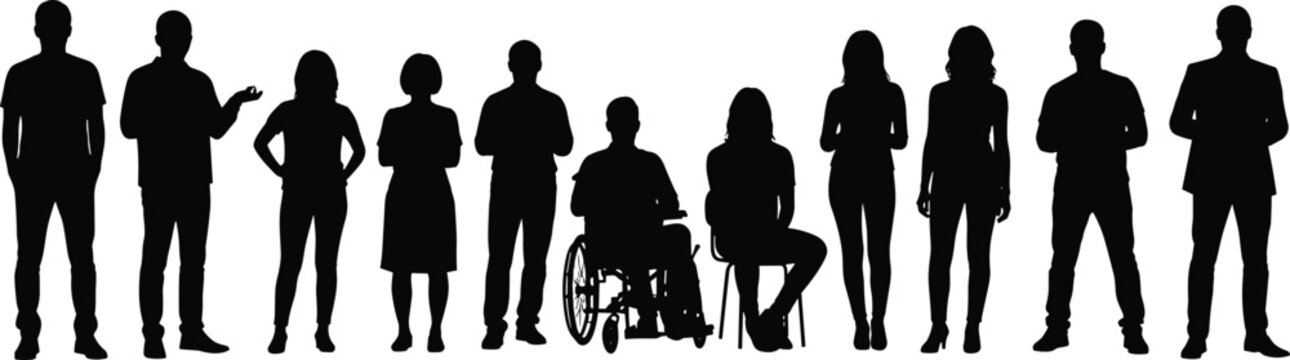 Group of diverse people including a person in a wheelchair and a person sitting silhouette