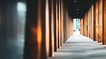 Naklejka premium Long corridor forming perspective with repeating vertical wooden pillars, creating a pathway lit by natural light and shadows