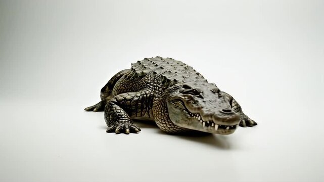 Alligator on white background showcasing textured skin and sharp teeth