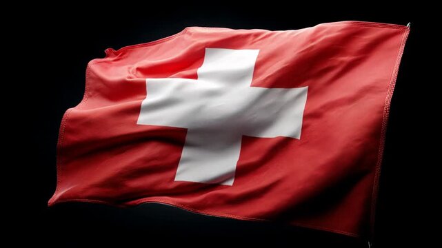 swiss flag waving in the wind. flag of switzerland on black background