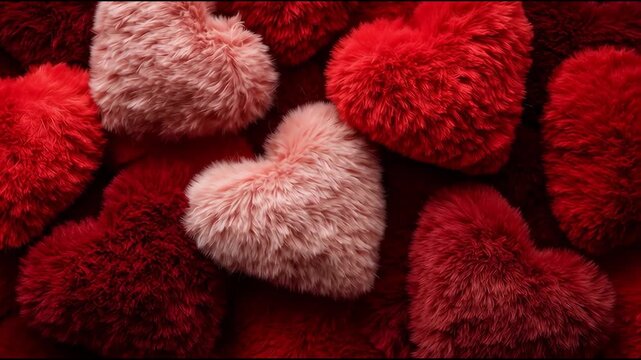 Soft Furry Hearts Close Up, Warm Valentine Plush Background Texture | 4K Seamless Loop
