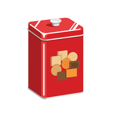 a tall rectangular red biscuit tin.