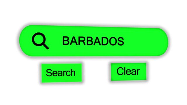 A bright green search bar with the word BARBADOS in black text and a magnifying glass accompanied by Search and Clear buttons, on a white background