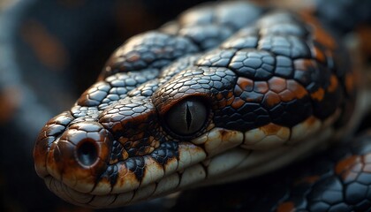Fototapeta premium Close-up Macro Shot of a Venomous Snakes Head with Intricate Scale Patterns.