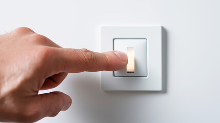 Hand pressing modern white light switch on a wall, turning on power or controlling illumination with glowing indicator