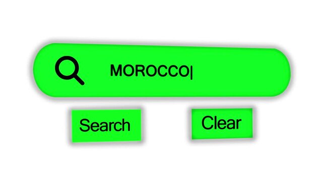 Computer search interface with the country name MOROCO in a green input field and associated search and clear buttons on a white background
