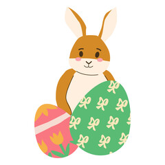 Cute rabbit with easter eggs with simple spring patterns. Vector illustration isolated.