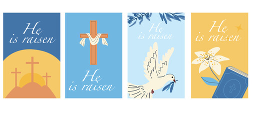 Holy Week, Hi is raisen Easter Christian cards with Jesus's cross, dove, crusifix and lily flower with Bible. Cartoon flat vector illustration for Cristian Easter.