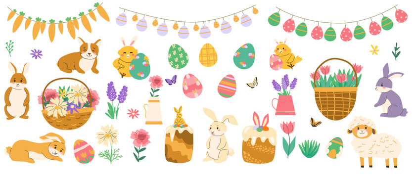 Cartoon Spring Easter stickers set. Vector illustration isolated on white. Easter eggs, rabbits, chicks, dog and spring flowers and cakes. Cute easter animals and festive elements set.
