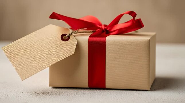 Gift wrapped box with red ribbon and blank tag evoking warm celebration and anticipation, gift box with red ribbon and blank kraft tag textured