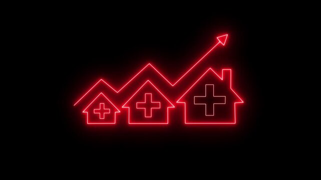 Glowing neon line house plus sign neon lights animation with up arrow icon isolated on black background.  medical, healthcare, addition, solution, emergency icon. 4K  video motion graphic animation..