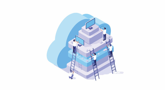 Isometric illustration of a team of IT professionals working on cloud computing infrastructure, managing data servers and network technology for digital transformation and global connectivity.