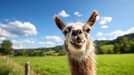 Fototapeta premium Smiling Llama Closeup in Beautiful Grassland Under Clear Blue Sky