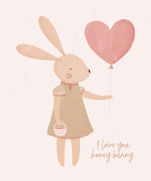 Sweet Bunny with Heart Balloon. I love you honey bunny. Cute hand drawn vector illustration of funny bunny isolated on a light pink background, ideal for Valentine's cards and children's designs.