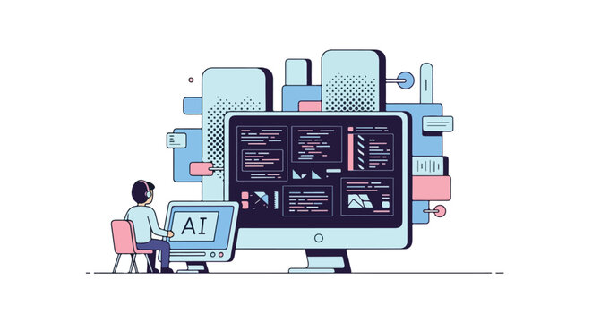 Artificial Intelligence Development Concept: Programmer Working on AI Code with Futuristic Interface and Data Visualizations