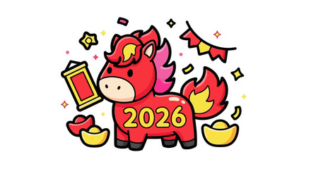 Fototapeta premium Festive Red Horse Cartoon Character Celebrating the Lunar New Year 2026, Adorned with Traditional Decorations and Symbols of Prosperity
