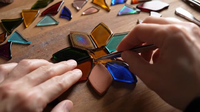 Artist crafting a colorful stained glass flower on a wooden table