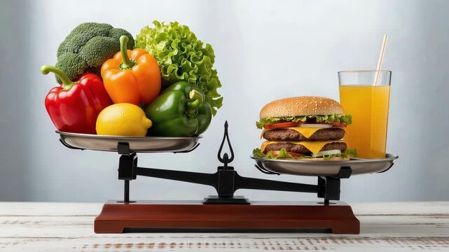 Food scale balancing a large burger and juice against fresh vegetables, illustrating healthy versus unhealthy eating choices for diabetes and weight management.