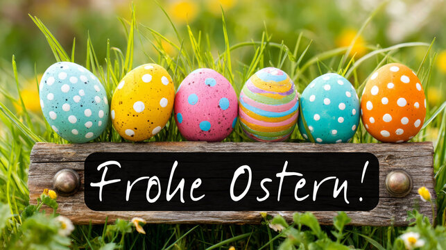 Frohe Ostern Gru&szlig;karte, Karte mit deutschem Text - Ostereier mit Holzschild Tafel auf Wiese