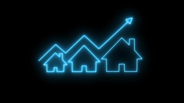 Glowing neon line House under protection icon with up arrow isolated on black background. a glowing light drawing a neon outline of houses decreasing in size. House, home building. 4K rendering Video 