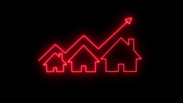 Glowing neon line House under protection icon with up arrow isolated on black background. a glowing light drawing a neon outline of houses decreasing in size. House, home building. 4K rendering Video 
