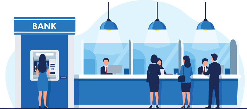 Modern bank interior with customers at teller counter and woman using ATM machine flat vector illustration isolated