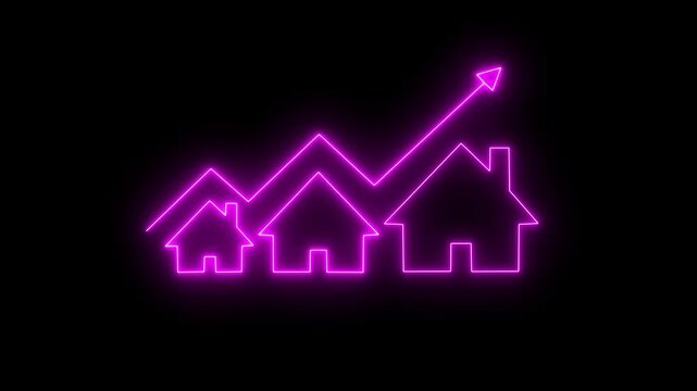 Glowing neon line House under protection icon with up arrow isolated on black background. a glowing light drawing a neon outline of houses decreasing in size. House, home building. 4K rendering Video 