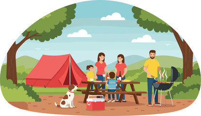 Happy family camping and having barbecue picnic near red tent in forest park vector illustration for outdoor vacation © NURUL