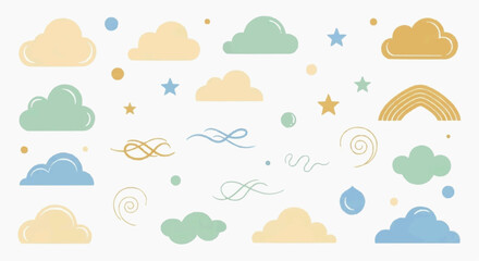Obraz premium Colorful clouds stars and rainbows in pastel hues whimsical illustration with abstract shapes and swirls on white background perfect