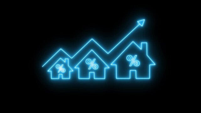 Home icon house sign neon lights animation with up success arrow percentage increase. Neon House, home building animation. Neon home business graph icon animation. 4K Video motion animation.  