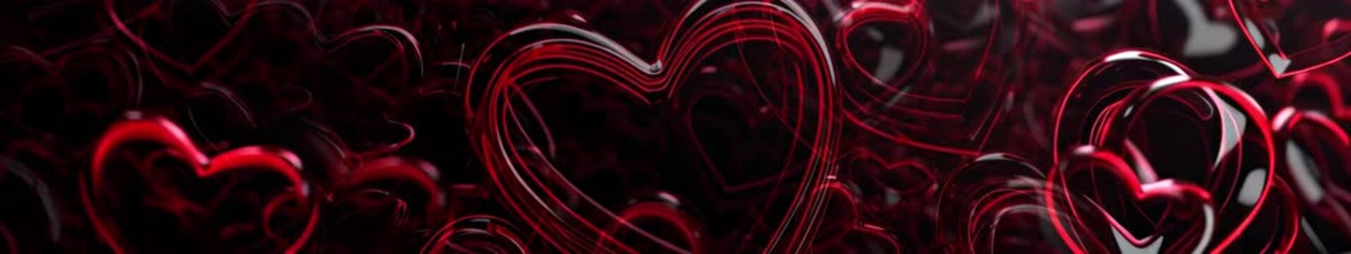 Dark Red Neon Outline Hearts Tunnel Banner, Glossy 3D Love Pattern Background | Widescreen | Panoramic | 4K Seamless Loop