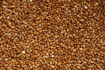 Fototapeta premium Toasted Buckwheat Kernels Complemented By Earthy Shades Showcased On Aged Rustic Shelving Board