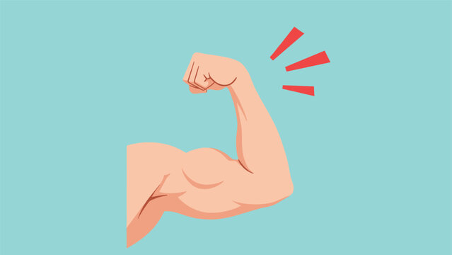 Muscular human arm flexing the bicep muscle with red emphasis marks on a light blue background for fitness and strength.
