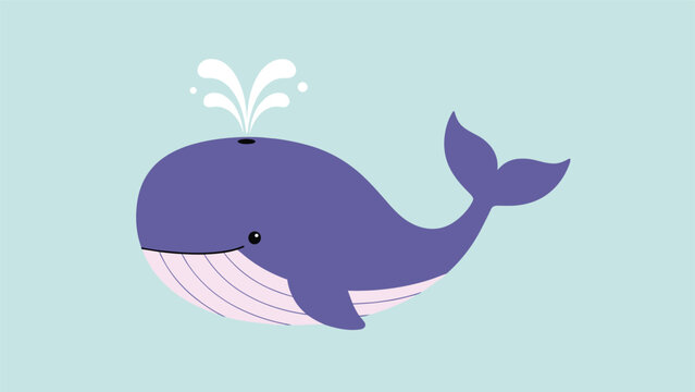 Friendly purple whale spouting water from its blowhole against a light blue background in a charming children-style illustration.