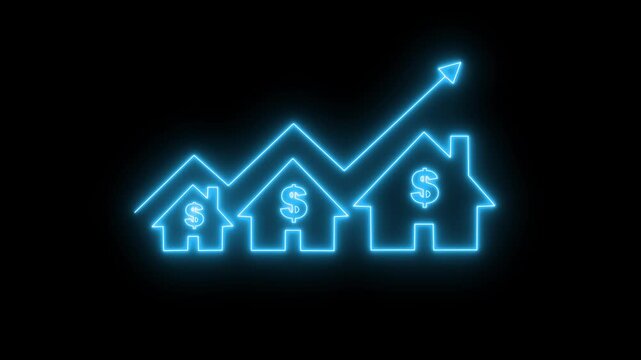 Home icon house sign neon lights animation with up arrow Dollar increase. Neon House, home building animation. Neon line of Dollar sign with up arrow inside house icon on transparent background. 4K..