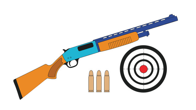 Sporting shotgun shown with shotgun shells and a shooting target illustrating hunting, sport shooting, or clay pigeon activities.