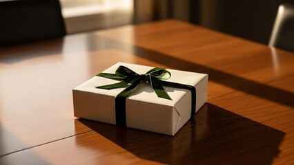Elegant Gift Box with Green Ribbon on Wooden Table.