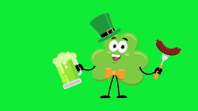 Saint Patrick's Day Shamrock Mascot Waving and Dancing With Green Beer and Sausage - 4K Animation Video Motion Graphics With Chroma Key Green Screen Background