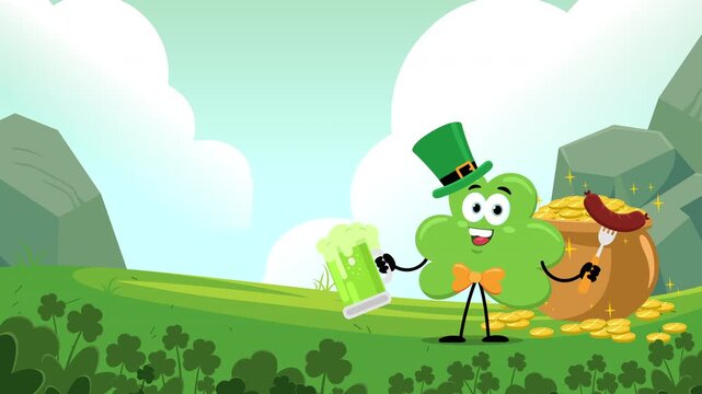 Happy Saint Patrick&rsquo;s Day Clover Character With Gold Coins and Beer &ndash; 4K Animation Video Motion Graphics With Background