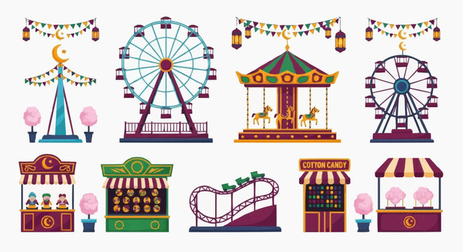 Vibrant carnival attractions set with ferris wheels carousel and game stalls in colorful illustration style